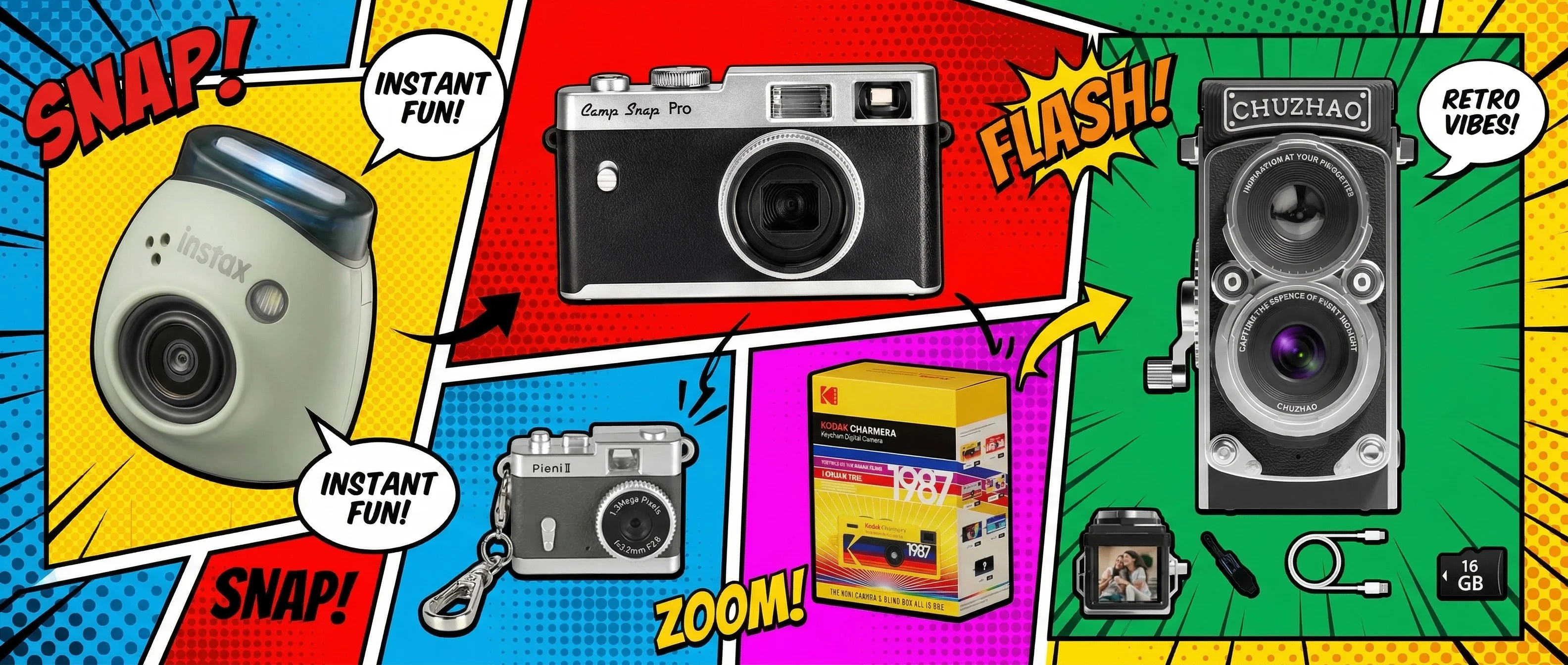 Five cheap toy cameras on a pop art-style animated background