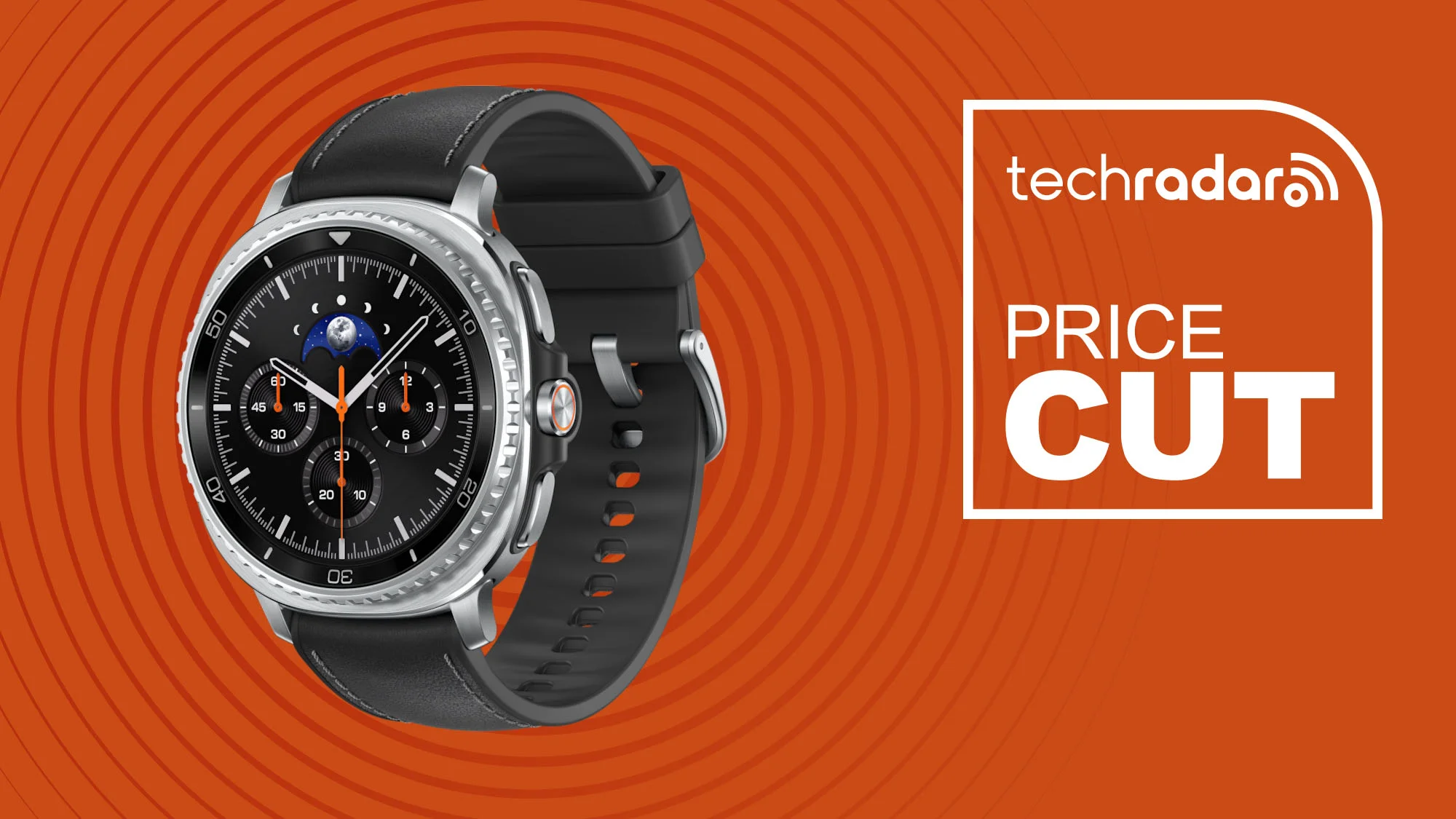 Samsung Galaxy Watch 8 Classic Smartwatch on orange background with TechRadar price cut sign