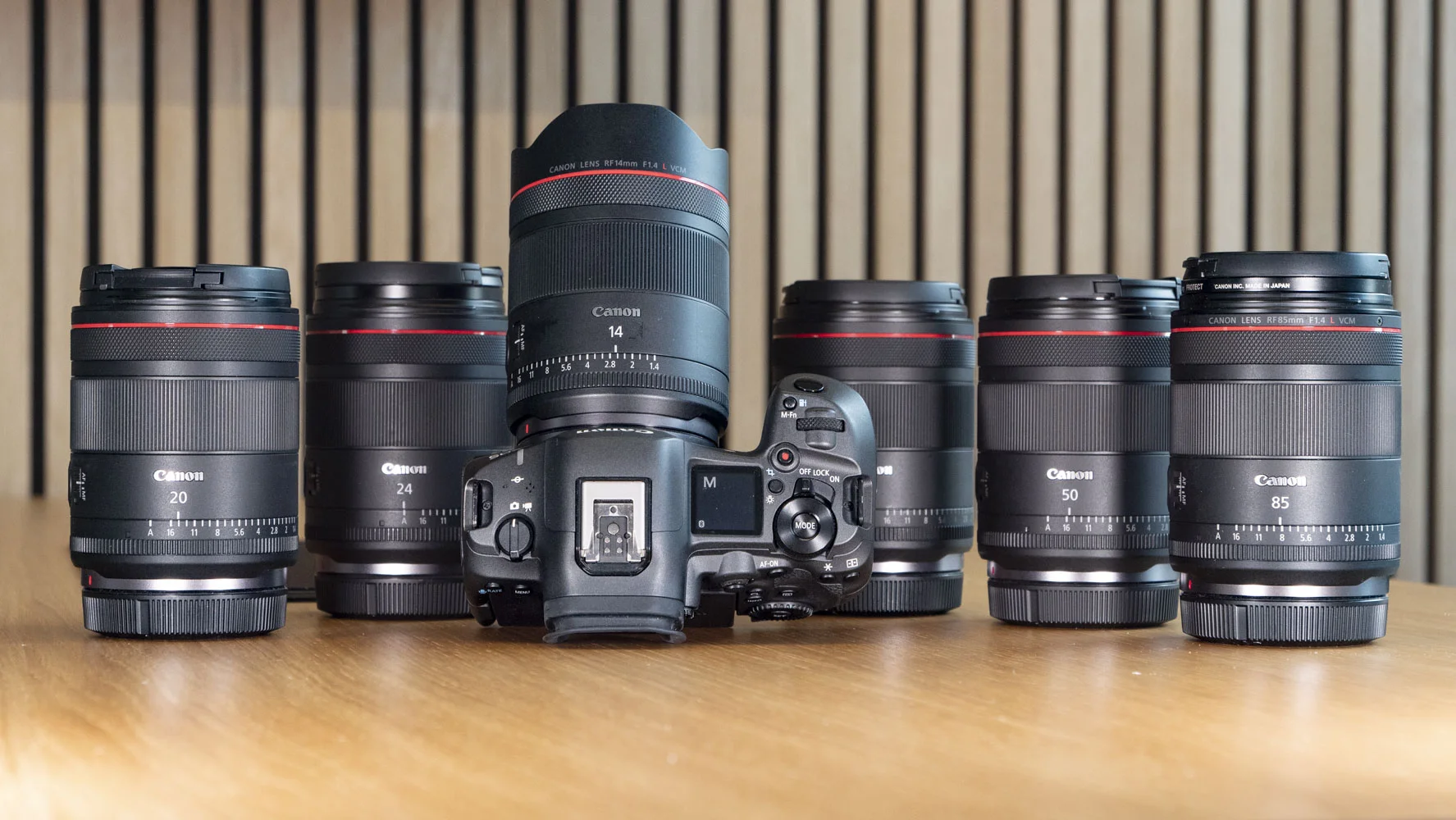 Canon RF 14mm F1.4L VCM lens attached to the Canon EOS R5 Mark II, besides the five other VCM prime lenses in the range