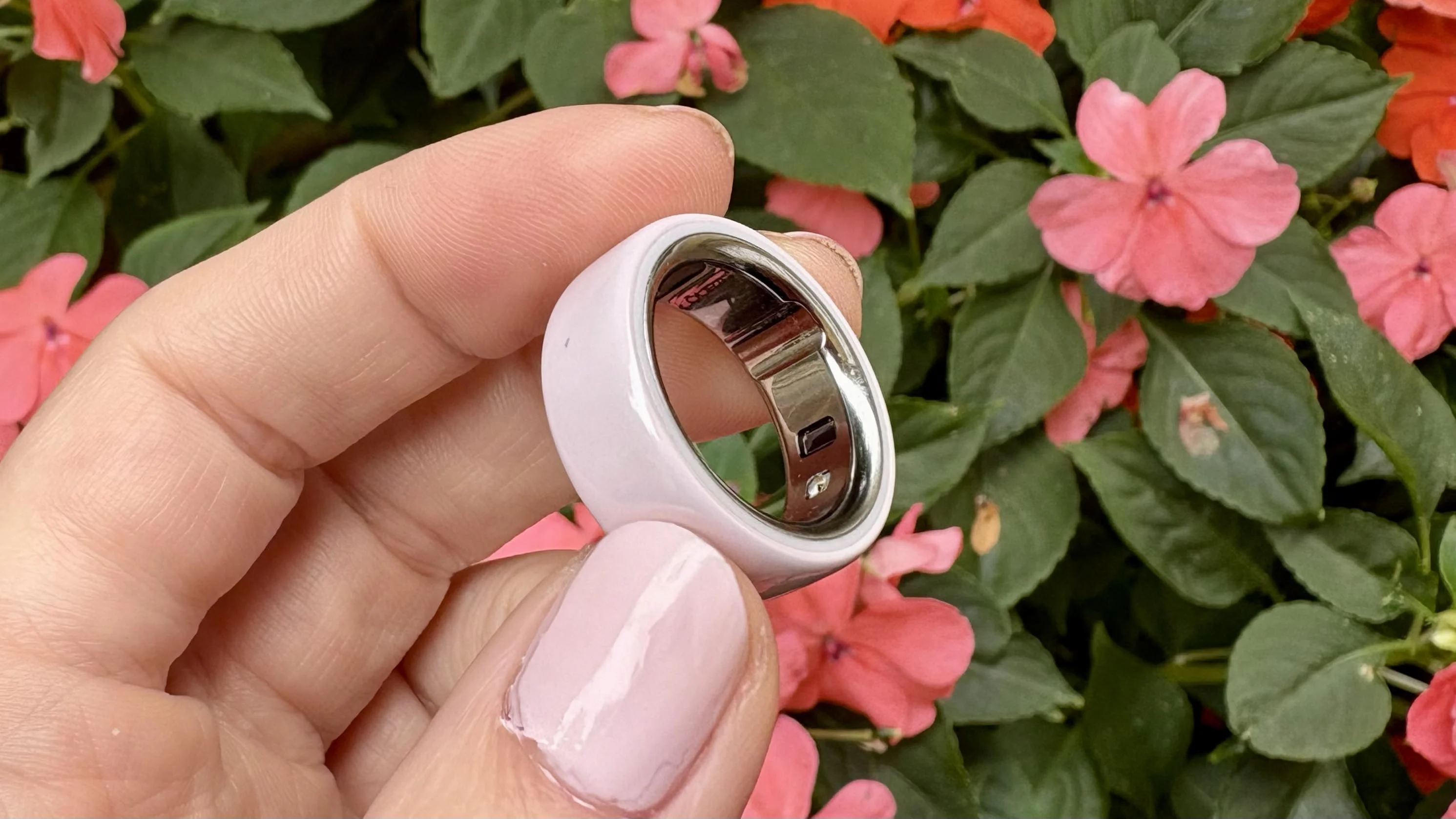 The Oura Ring 4 ceramic between a person's fingers in front of some flowers