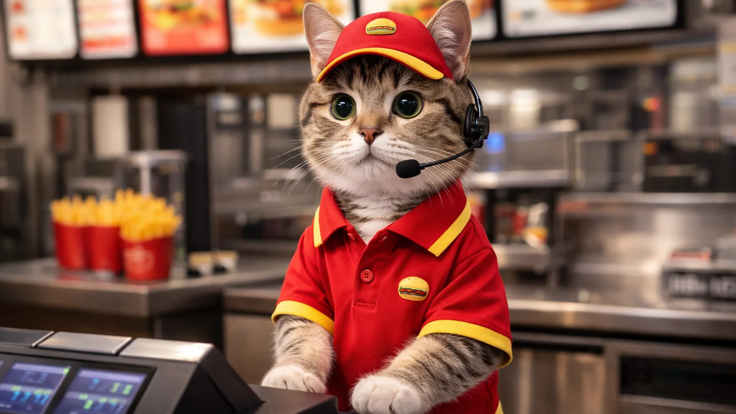 AI image of cat working fast food