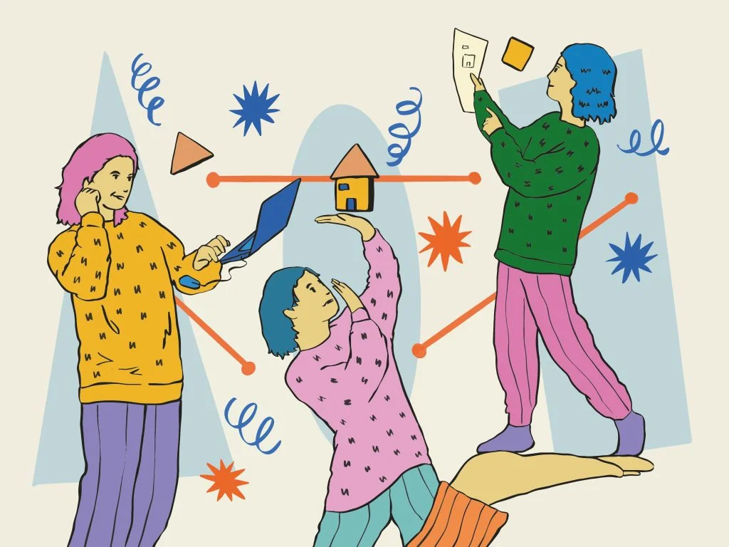 Stylized illustration of a cross-functional DevSecOps team collaborating. Three diverse figures connected by network lines share expertise: one holding a laptop for coding, one presenting a house representing business logic, and a third standing on a supportive giant hand while reviewing an architectural blueprint.