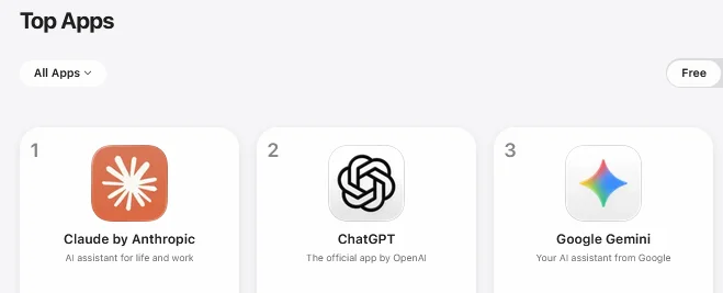 Screenshot from Apple Play Store &mdash; March 3 &mdash; Claude beats ChatGPT