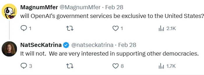 Screenshot from Twitter - OpenAI wants work with other governments