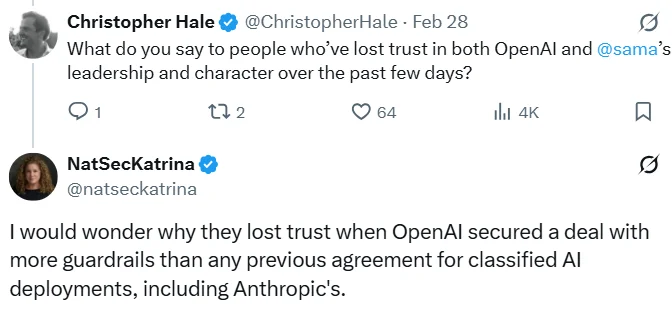 OpenAI's Katrina Mulligan on X February 28 (screenshot) - OpenAI has more guardrails than Anthropic