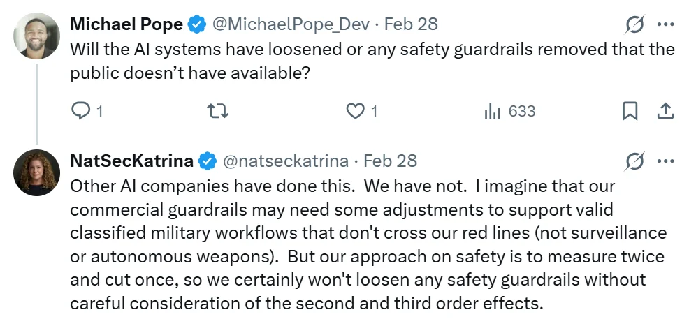 Screenshot from Twitter Feb 28 2026 &mdash; OpenAI's Katrina Mulligan says guardrails not loosened