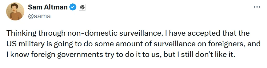 Sam Altman on non-domestic surveillance - Screenshot from X February 28