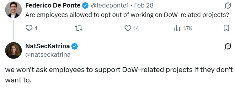 OpenAI's Katrina Mulligan on X February 28 (screenshot) - Employees can opt out of War Department work