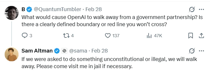 Sam Altman tweet &mdash; please come visit me in jail if necessary (screenshot &mdash; February 28)