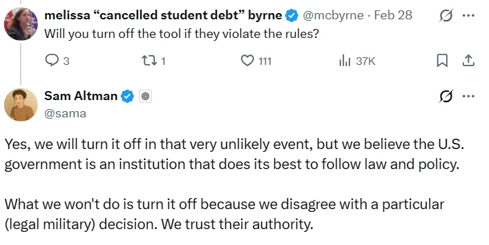 Sam Altman - screenshot from X February 28 - will turn off tool if War Department violates rulesa