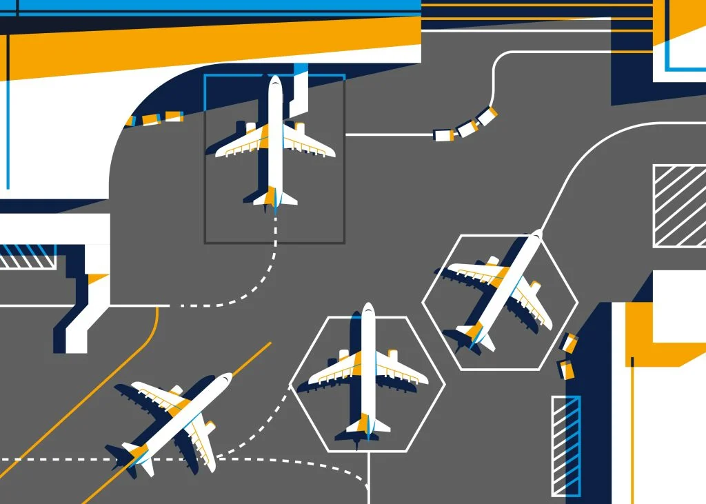 An overhead, flat vector illustration of an airport tarmac with several airplanes, used as a visual metaphor for platform orchestration and air traffic control in enterprise AI software development to manage tool fragmentation and governance.