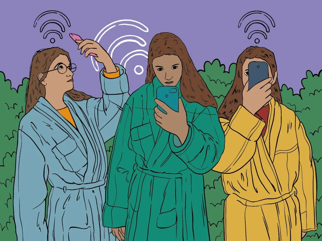 Illustration of three people using mobile phones surrounded by wireless connectivity signals, representing developers accessing mobile network APIs.