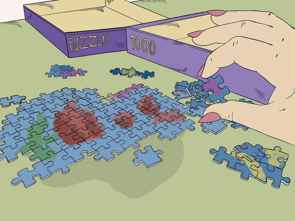 An overhead illustration of a hand placing blue puzzle pieces into a complex, unfinished 1,000-piece jigsaw puzzle on a green surface, representing the human-in-the-loop required to fix gaps in AI governance and ITOps resilience.
