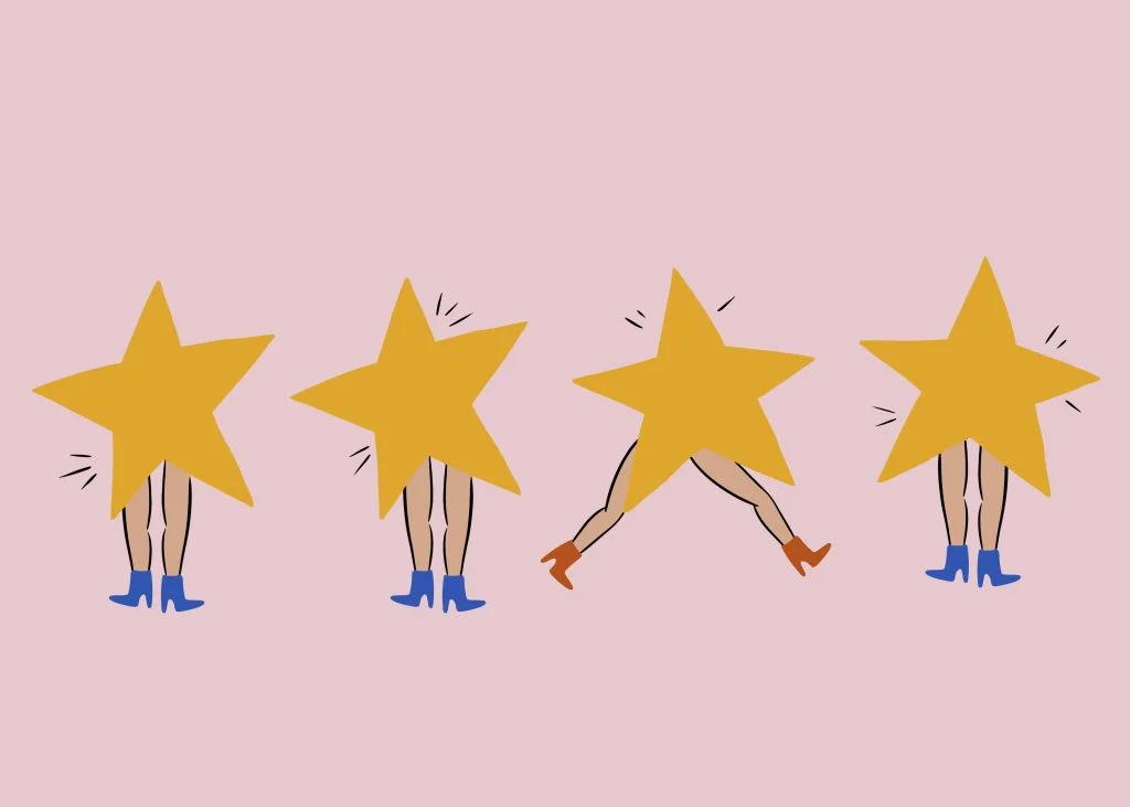 Illustration of four gold stars with human legs wearing colorful boots, walking and dancing on a pink background, representing star ratings or popularity.