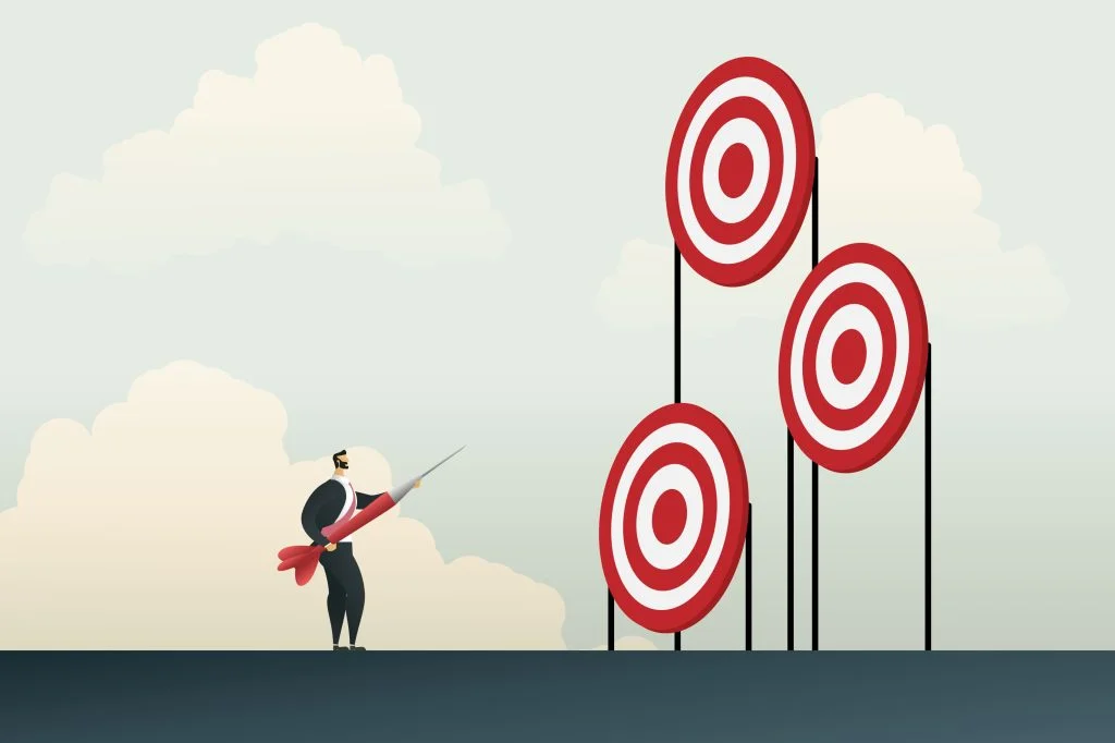 Illustration of a business person holding an oversized dart while facing multiple bullseye targets at different heights, representing the challenge of aiming at a moving target.