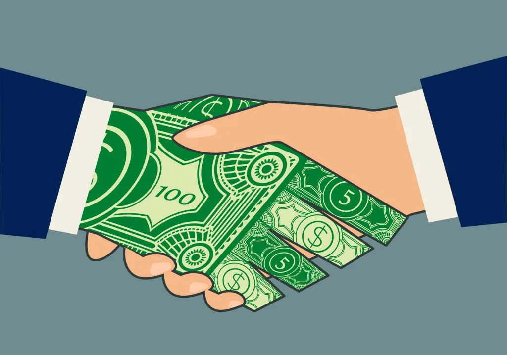 Illustration of two hands in business suit sleeves shaking hands, with their fingers formed from folded US dollar bills, symbolizing the intersection of business deals and money in corporate partnerships.