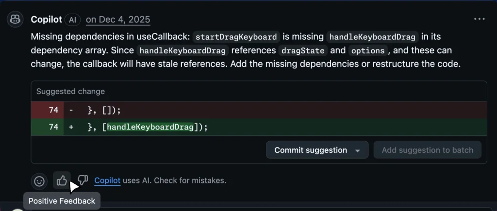 Copilot code review comment identifying a missing dependency in a React useCallback hook and suggesting a code change to add handleKeyboardDrag to the dependency array.